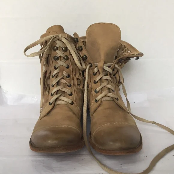 Barney's New York Brown Woven Leather Combat Boot 38.5 Lace up Bohemian Unique
